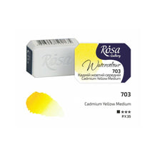 Load image into Gallery viewer, watercolor paint half pans, professional rosa gallery, clear &amp; vibrant colors cadmium yellow medium
