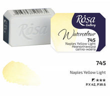 Load image into Gallery viewer, watercolor paint half pans, professional rosa gallery, clear &amp; vibrant colors naples yellow light
